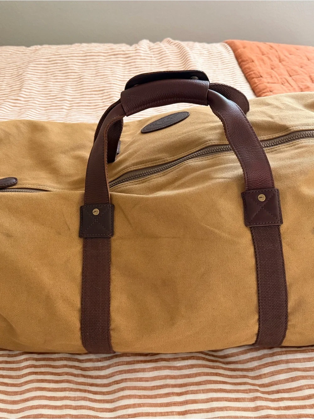 Men's Tan Canvas Duffel with Dark Brown Leather Accents